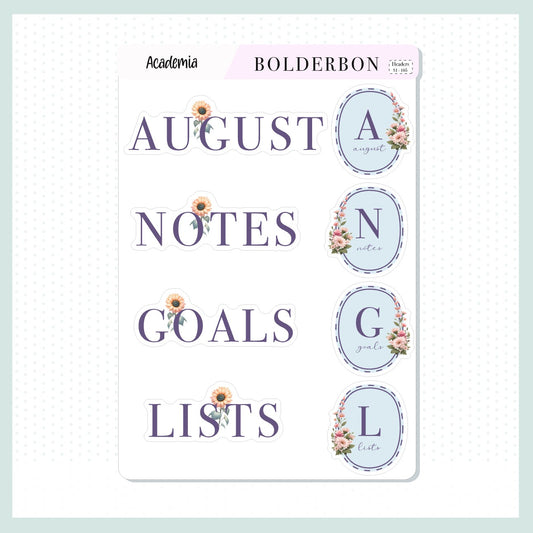 AUGUST Header Stickers || Academia Journal Stickers, Journaling Stickers