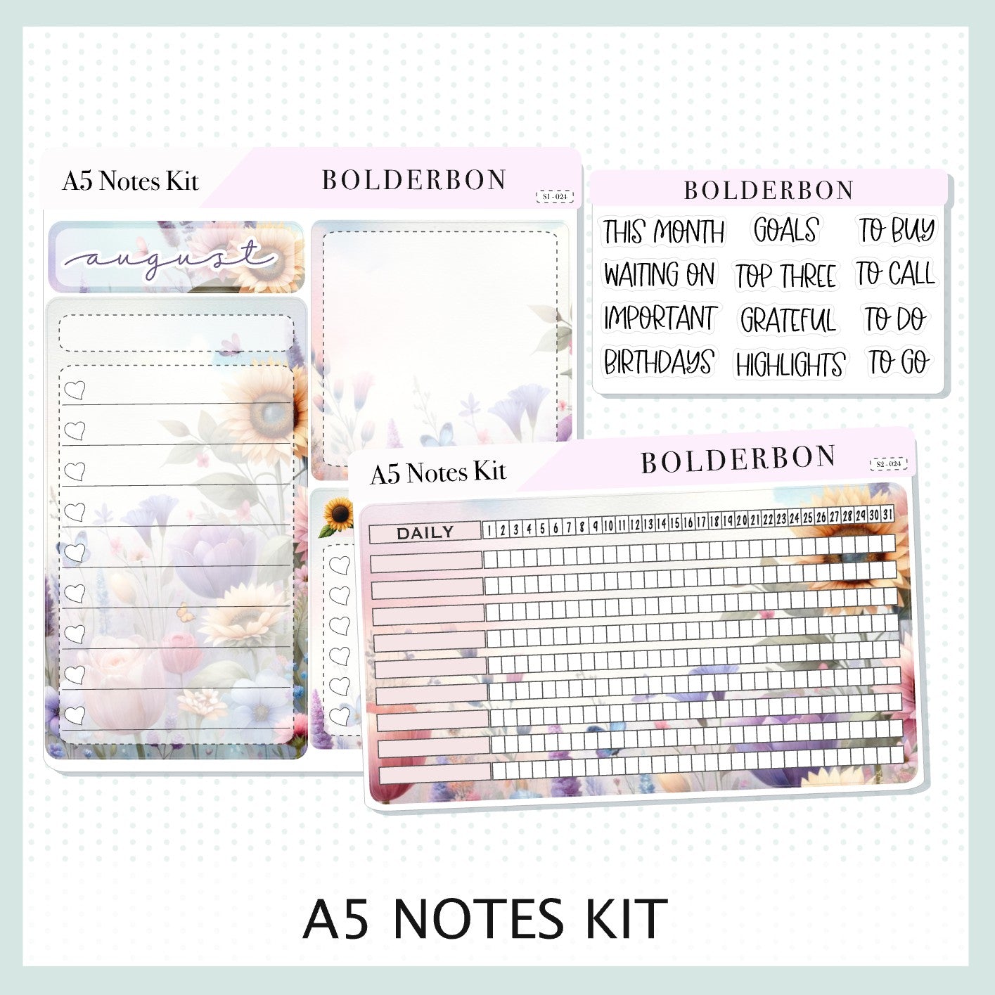 AUGUST - A5 NOTES KIT || Compact Vertical, A5 Daily Duo, A5 Horizontal, Planner Stickers