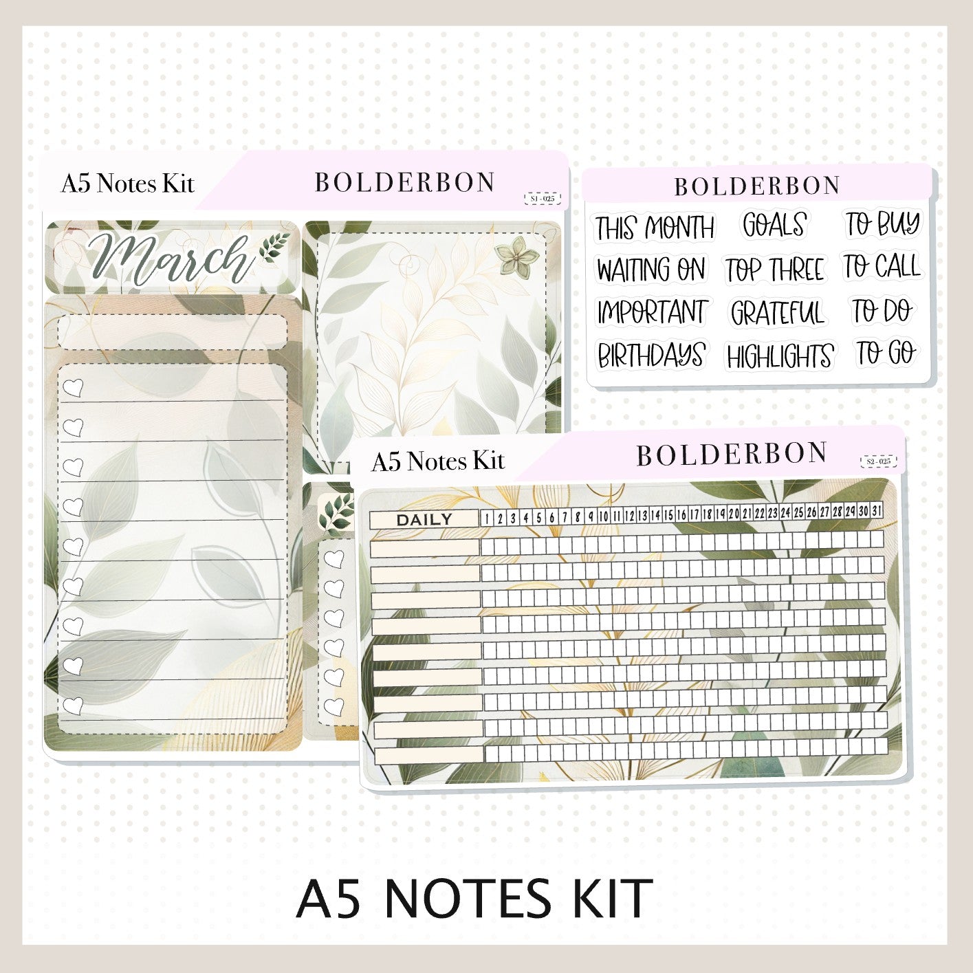 MARCH A5 NOTES KIT || A5 Planner Stickers, A5 Compact Vertical, A5Daily Duo, A5 Horizontal