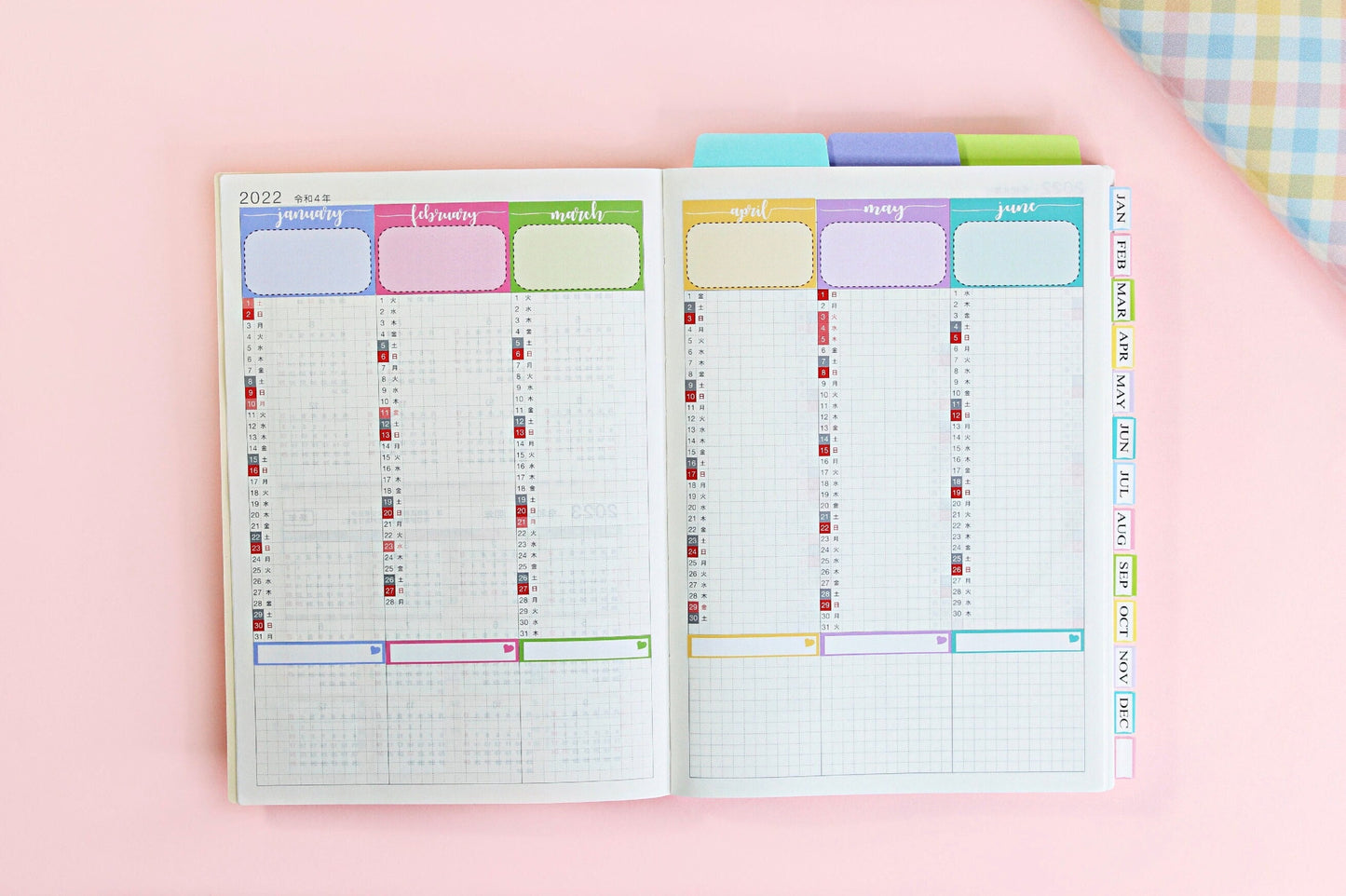 HOBONICHI COUSIN Yearly Index Boxes || Colorful - A5 Original, Cousin, Day Free, Monthly Headers, Calendar Stickers, Year At A Glance