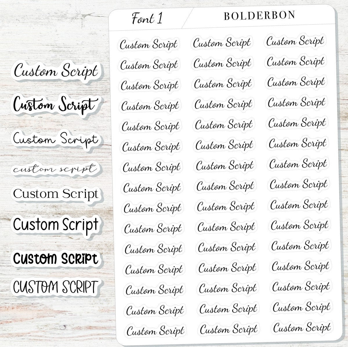 SCRIPT Custom Text Stickers || 45+ Word Font Matte White or Clear Sticker Paper