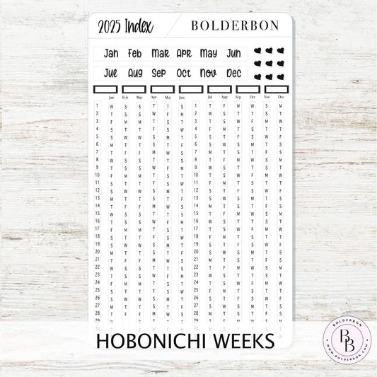 2025 YEARLY INDEX Hobonichi Weeks - Slate || Date Strips, Monthly Headers, Calendar Stickers, Year At A Glance, Hobonichi Weeks Kit