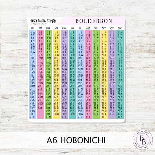 2025 - A6 HOBONICHI Index Date Strips - Colorful || Monthly Headers, Calendar Stickers, Year At A Glance, Hobonichi Cousin Kit