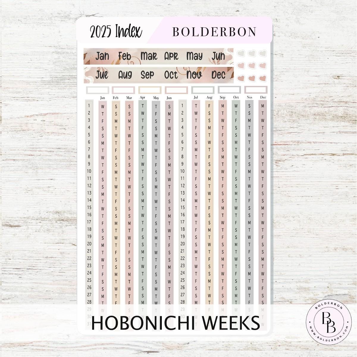 2025 YEARLY INDEX Hobonichi Weeks - Aesthetic || Date Strips, Monthly Headers, Calendar Stickers, Year At A Glance, Hobonichi Weeks Kit