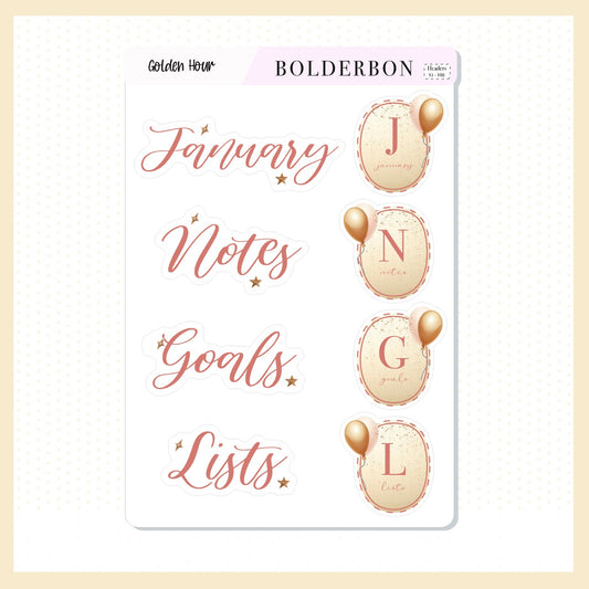 JANUARY Header Stickers || Golden Hour, New Year's Journal Stickers, Journaling Stickers