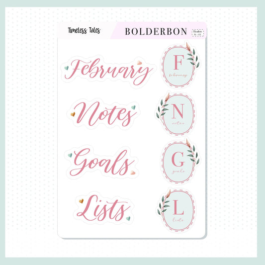 FEBRUARY Header Stickers || Timeless Tales, Bookish, Floral Journal Stickers, Journaling Stickers