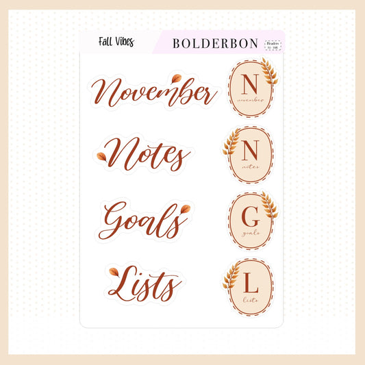 NOVEMBER Header Stickers || Fall Vibes Journal Stickers, Journaling Stickers