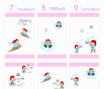 WINTER FUN || Planner Stickers, Shovel Snow, Build Snowman, Make Snow Angel, Planner, Kawaii Stickers, Sledding, Shoveling, Functional