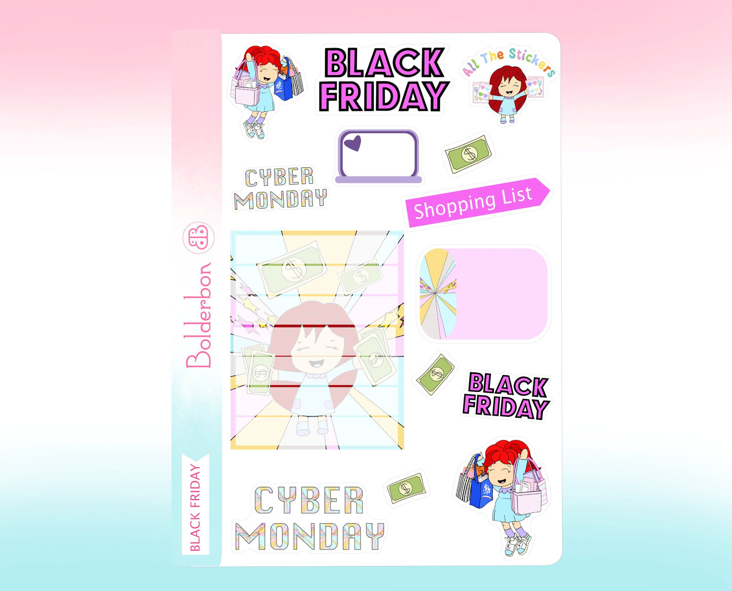 Black Friday Cyber Monday Shopping Sticker Sheet || Perfect for any Planner, Hand Drawn Artwork, Doodle, Functional
