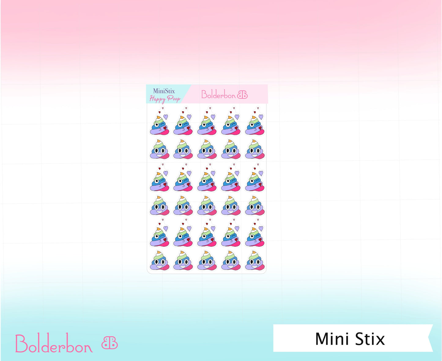 Rainbow Happy Poop | Cute Poop Stickers, Winky, Unicorn Emoji, Smiling, Kissy, Planner, Kawaii