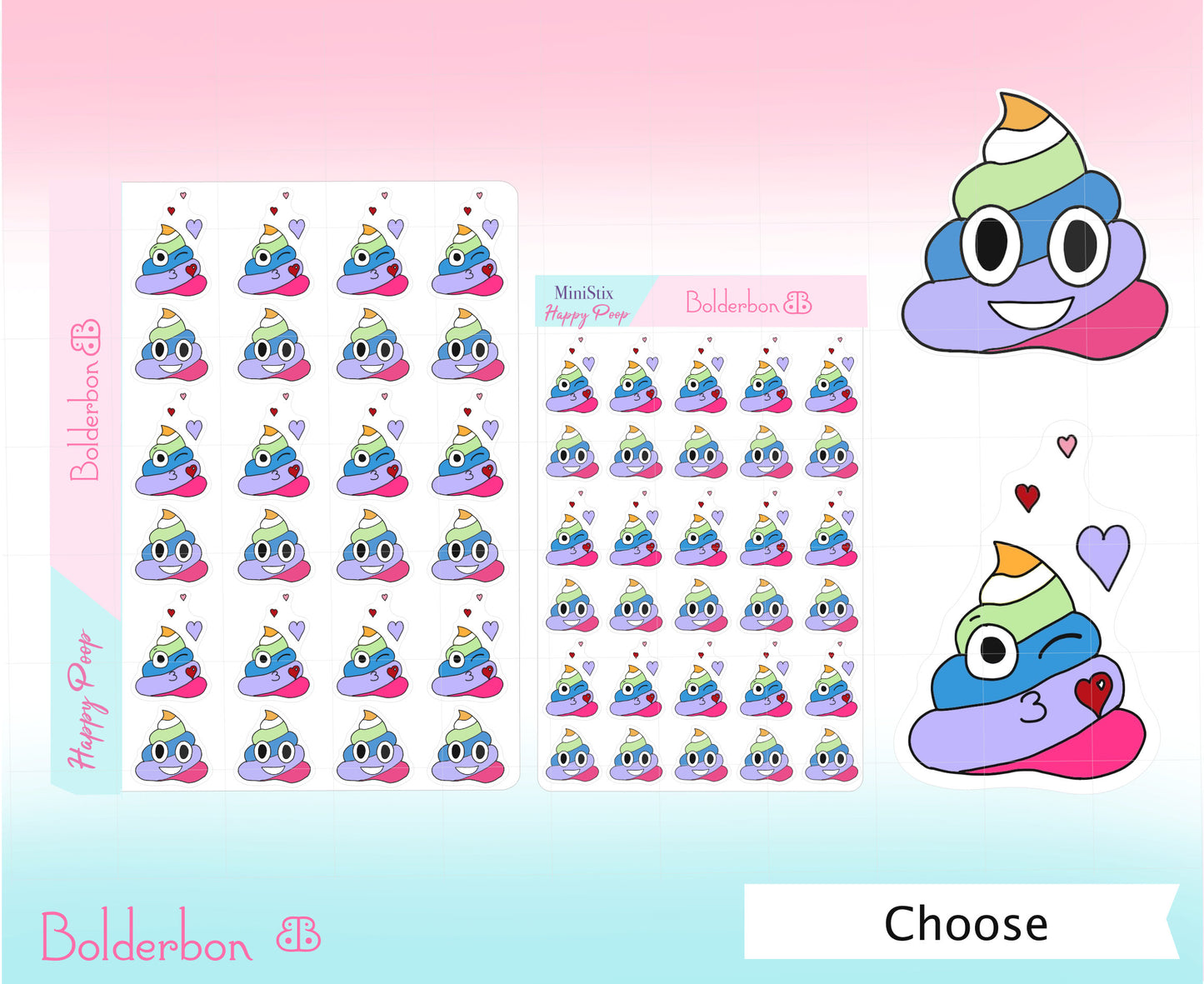 Rainbow Happy Poop | Cute Poop Stickers, Winky, Unicorn Emoji, Smiling, Kissy, Planner, Kawaii