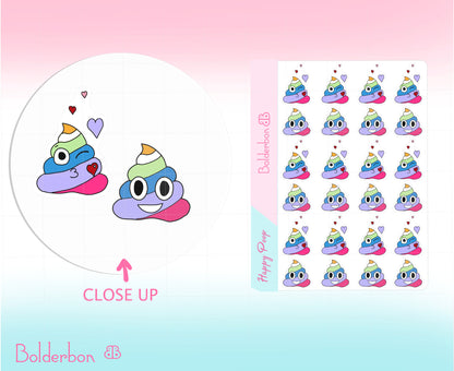 Rainbow Happy Poop | Cute Poop Stickers, Winky, Unicorn Emoji, Smiling, Kissy, Planner, Kawaii