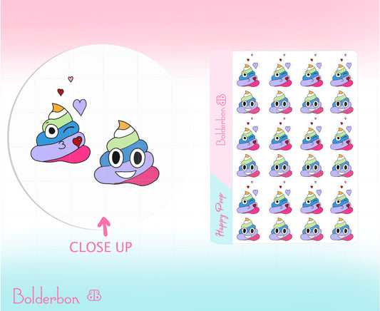 Rainbow Happy Poop | Cute Poop Stickers, Winky, Unicorn Emoji, Smiling, Kissy, Planner, Kawaii