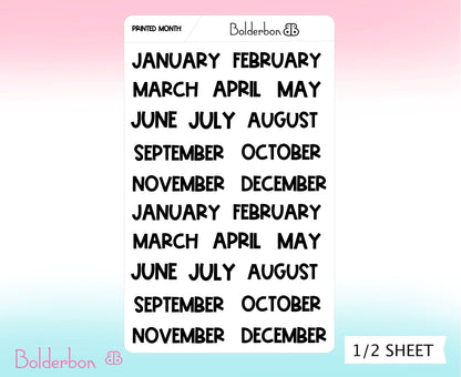 PRINTED MONTHS Black || Functional Planner Stickers