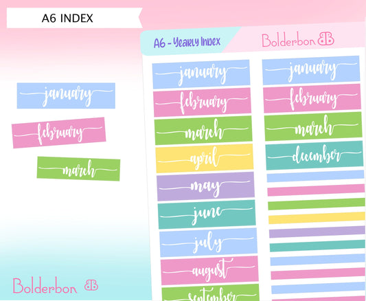 A6 HOBONICHI Yearly Index View || Monthly Headers, Calendar Stickers, Year At A Glance, Hobonichi Cousin Kit