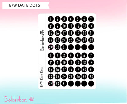 DATE DOTS || Black & White, Planner Stickers