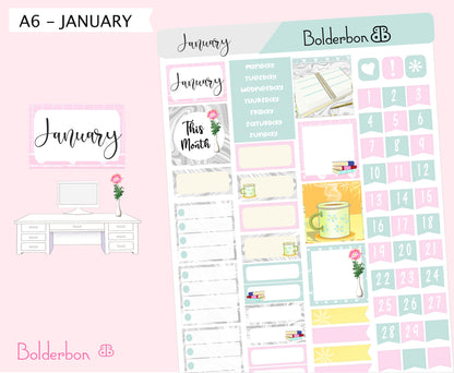 JANUARY A6 Hobonichi || Hand Drawn Cute Monthly Sticker Kit Planner Stickers