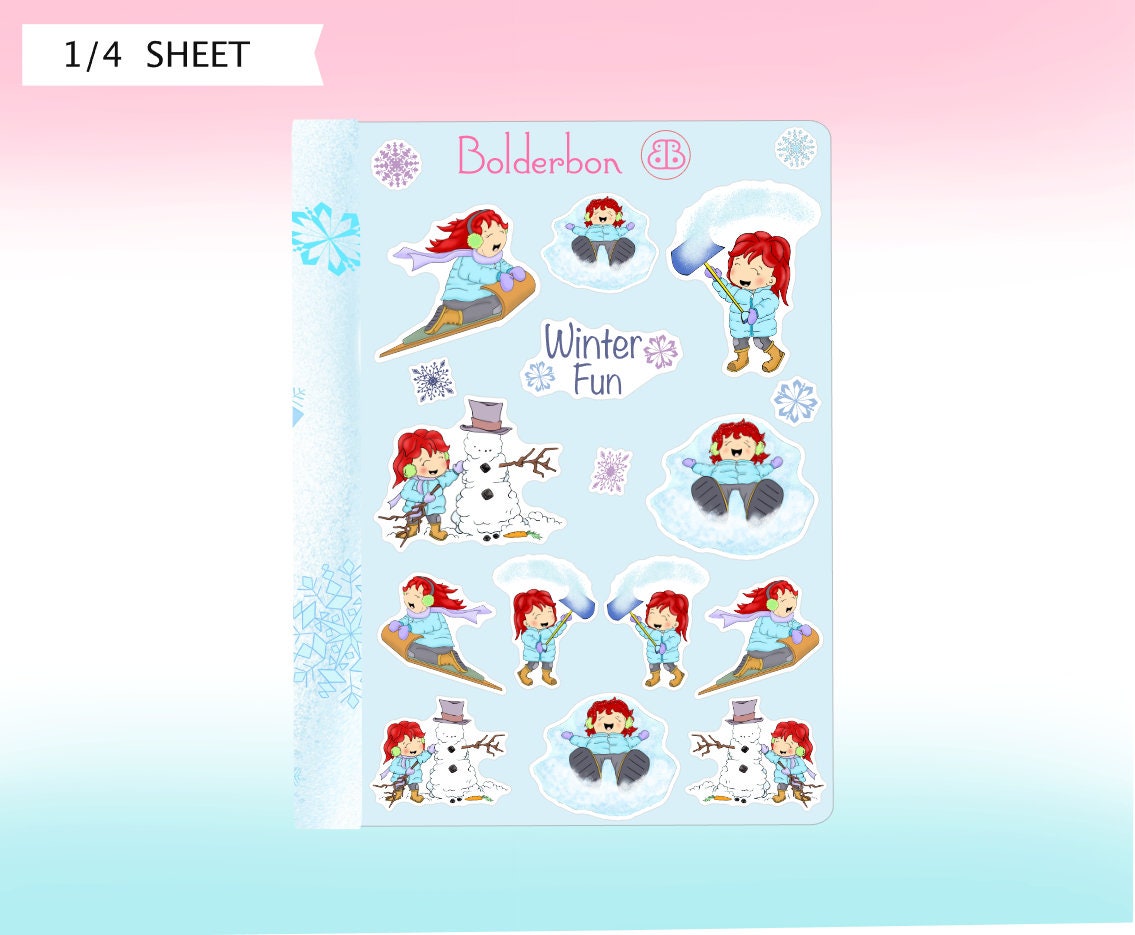 WINTER FUN || Planner Stickers, Shovel Snow, Build Snowman, Make Snow Angel, Planner, Kawaii Stickers, Sledding, Shoveling, Functional