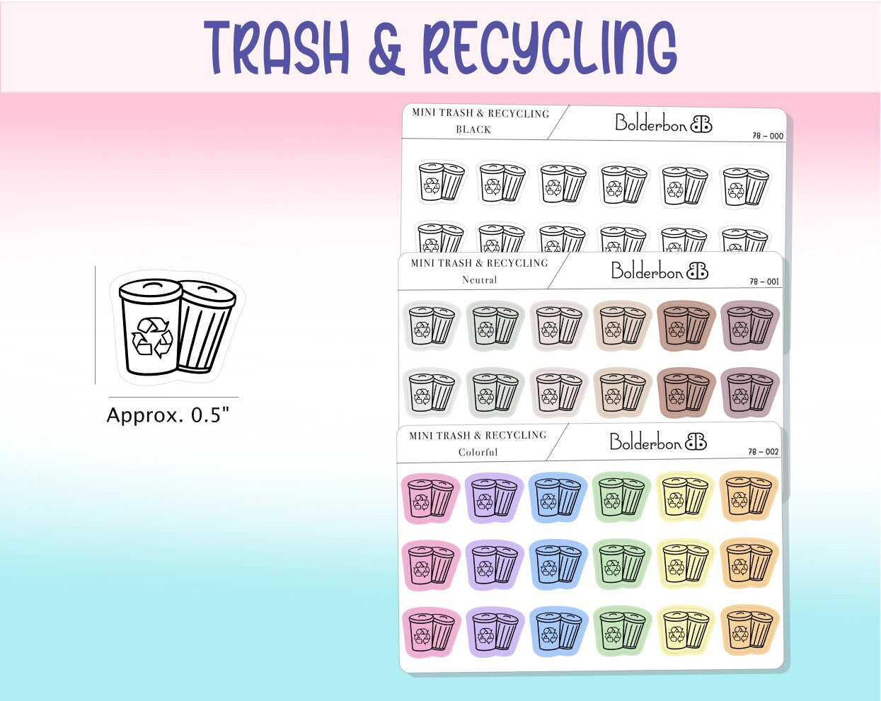 TRASH & RECYCLE ICONS || Planner Stickers, Frosted Clear, Neutral, Minimal, Black, Colorful, Hand Drawn, Mini, Utility Stickers