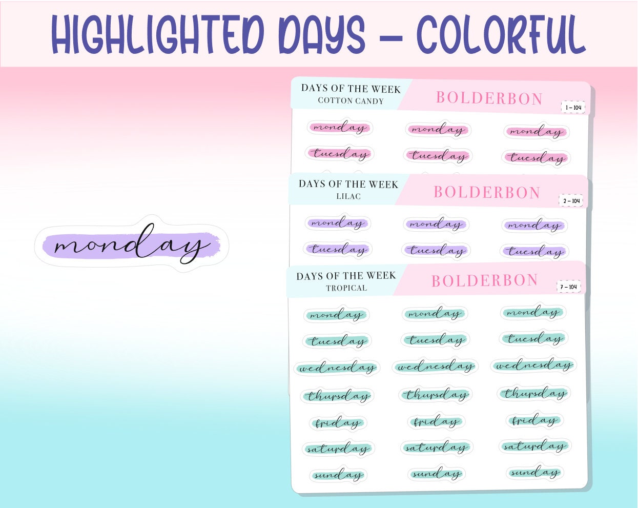 Days Of The Week COLORFUL || Highlighted, Planner Stickers