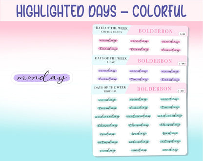 Days Of The Week COLORFUL || Highlighted, Planner Stickers