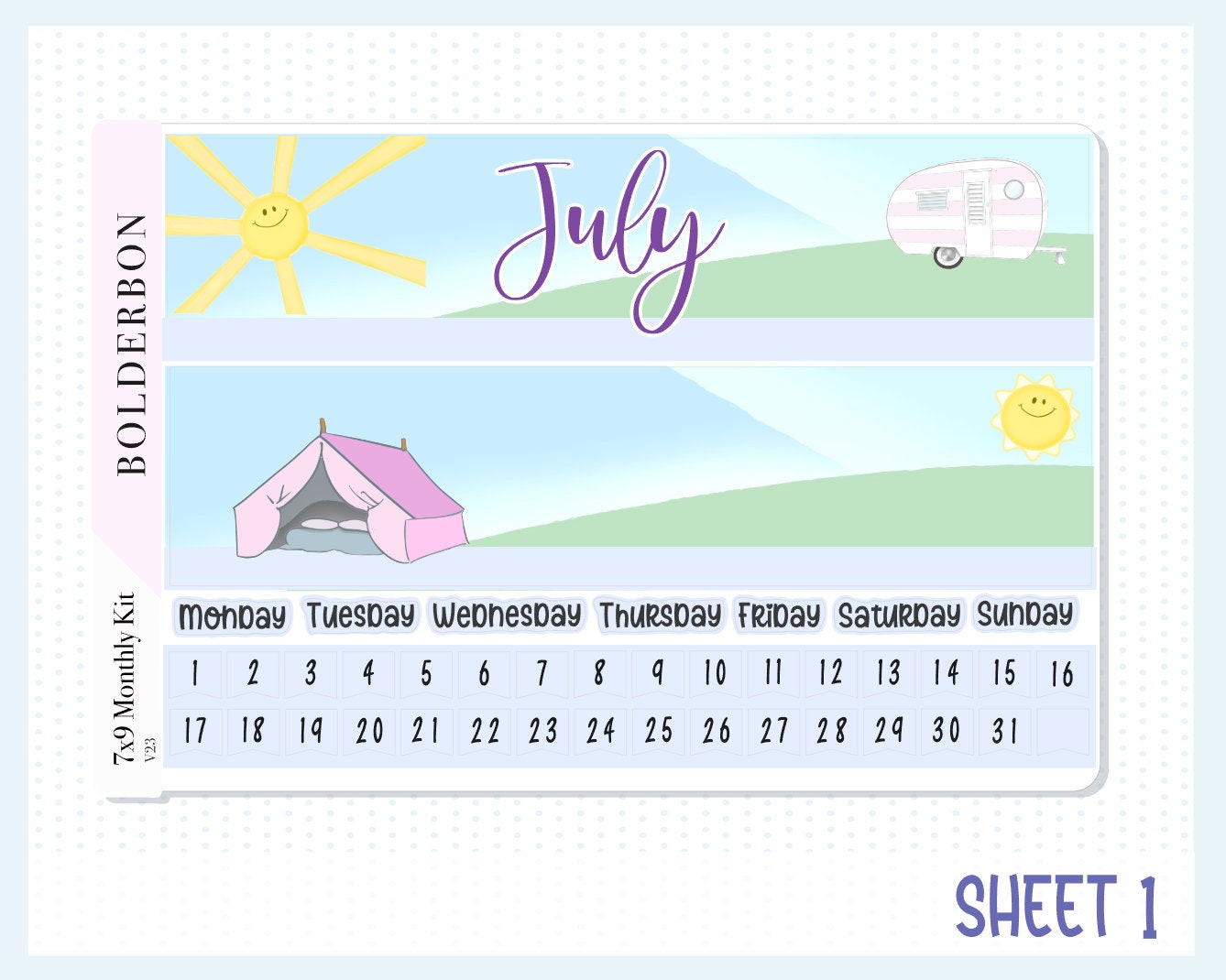 JULY Monthly Sticker Kit || 7x9 Erin Condren Planner Stickers, Summer, Hiking, Adventure, Camping