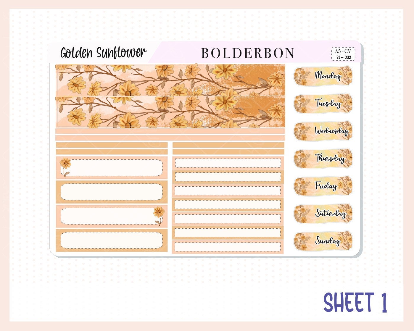 GOLDEN SUNFLOWER "Compact Vertical" || A5 Planner Sticker Kit